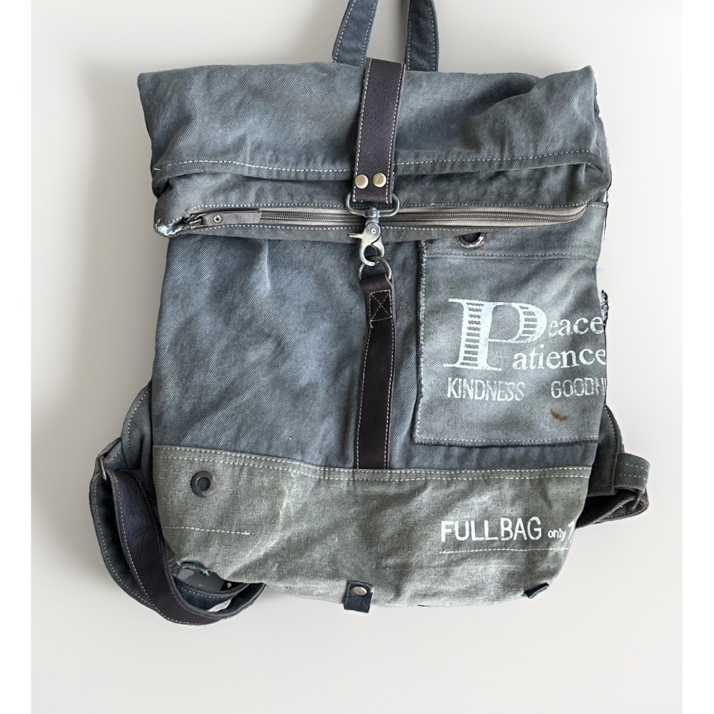 Myra Bags Upcycled Military Canvas Roll Top Leather Rucksack Handmade Gorpcore